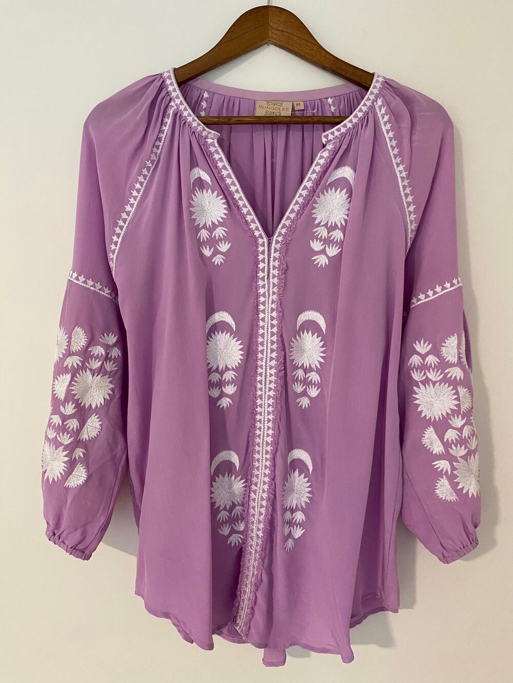 Rungolee GUC Lilac Purple White Embroidered Full Sleeve Blouse Boho V Neck M